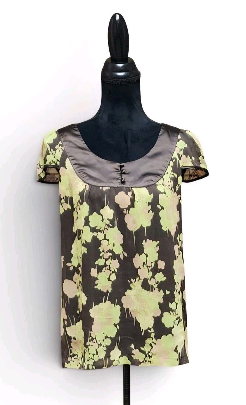 Apt. 9 Green Floral Baby Doll Brown Satin Scoop Neckline Blouse Size Medium Top